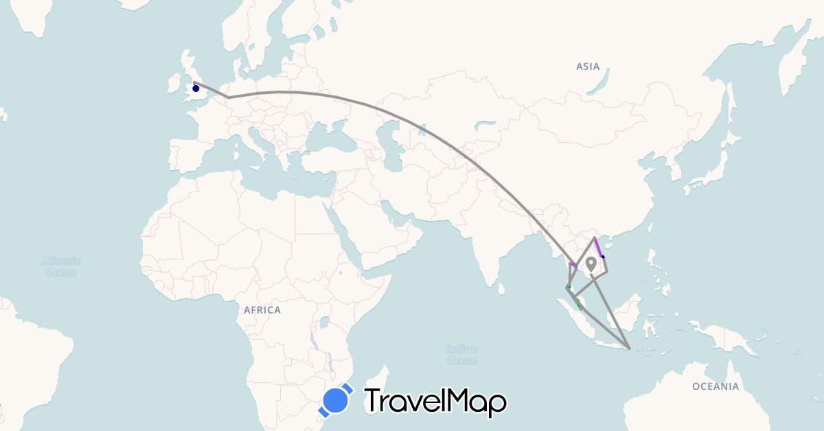 TravelMap itinerary: driving, bus, plane, train, boat in Germany, United Kingdom, Indonesia, Cambodia, Malaysia, Singapore, Thailand, Vietnam (Asia, Europe)